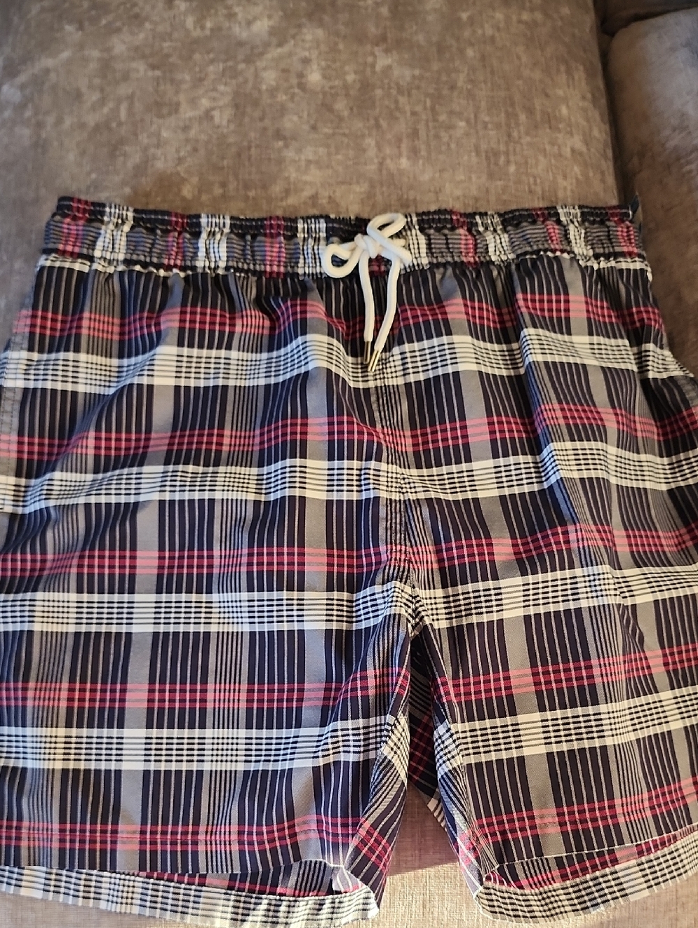Brooks Brothers Navy Plaid Swim Shorts with Red & White & Blue